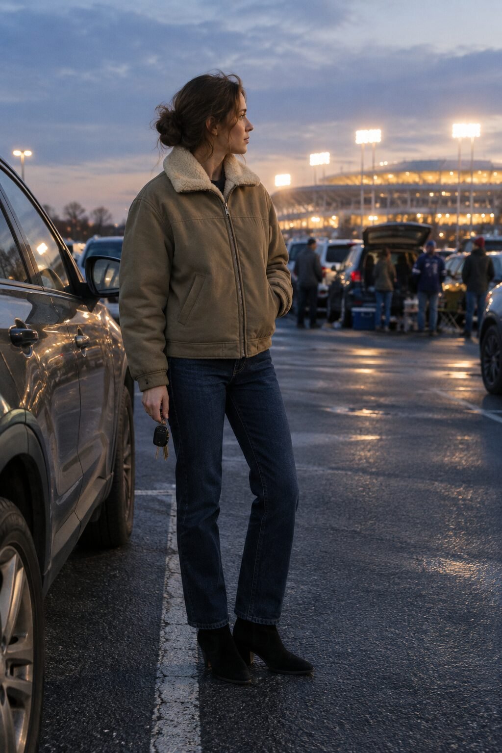 elegant evening tailgate outfit: khaki wool jacket with shearling collar, straight denim, and black suede western ankle boots