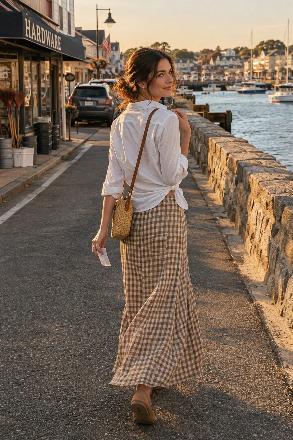 how to style a white button-down: white shirt knotted at one hip over a taupe gingham linen maxi skirt with a woven crossbody bag