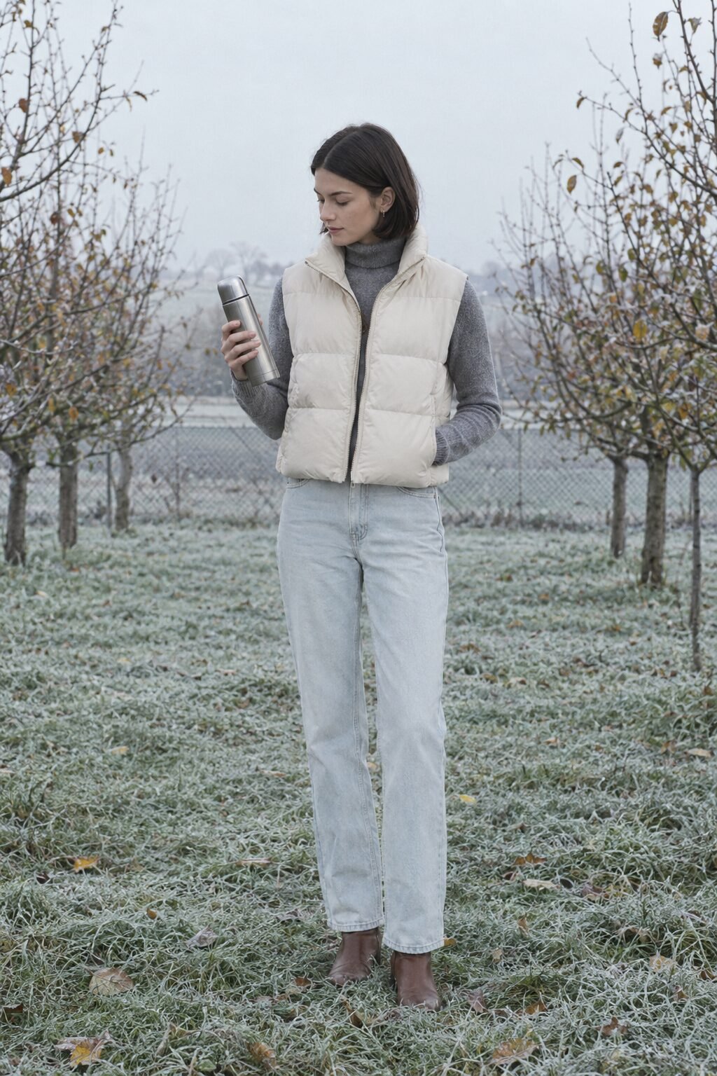 warm apple picking outfit: cream puffer vest, gray turtleneck and light straight-leg jeans
