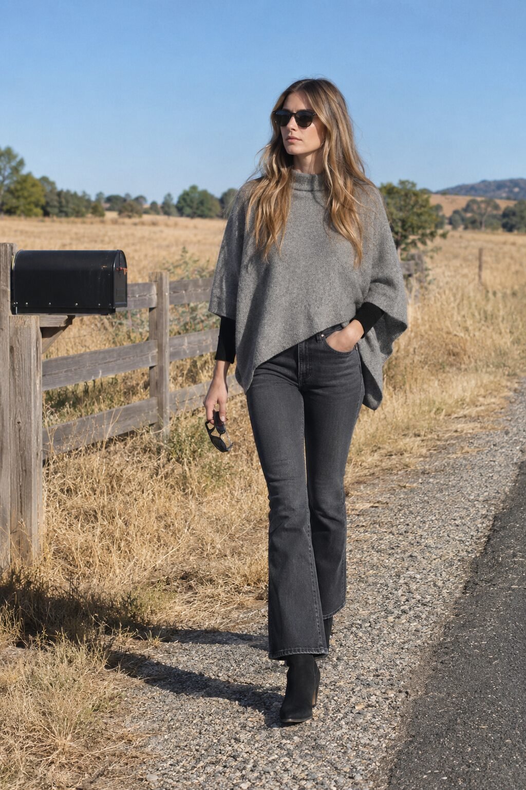 woman in a heather gray cashmere poncho, dark kick-flare jeans and black suede western ankle boots at a country bonfire