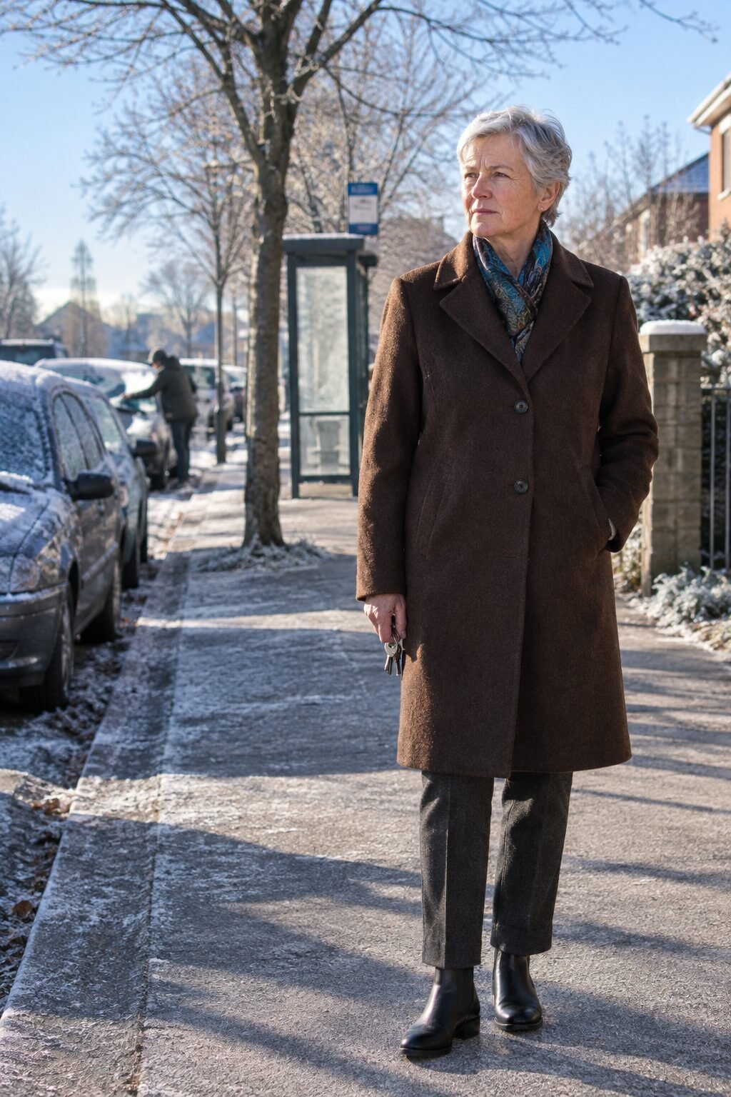 how to style a silk scarf folded and tucked inside the lapels of a brown double-faced wool topcoat with black Chelsea boots