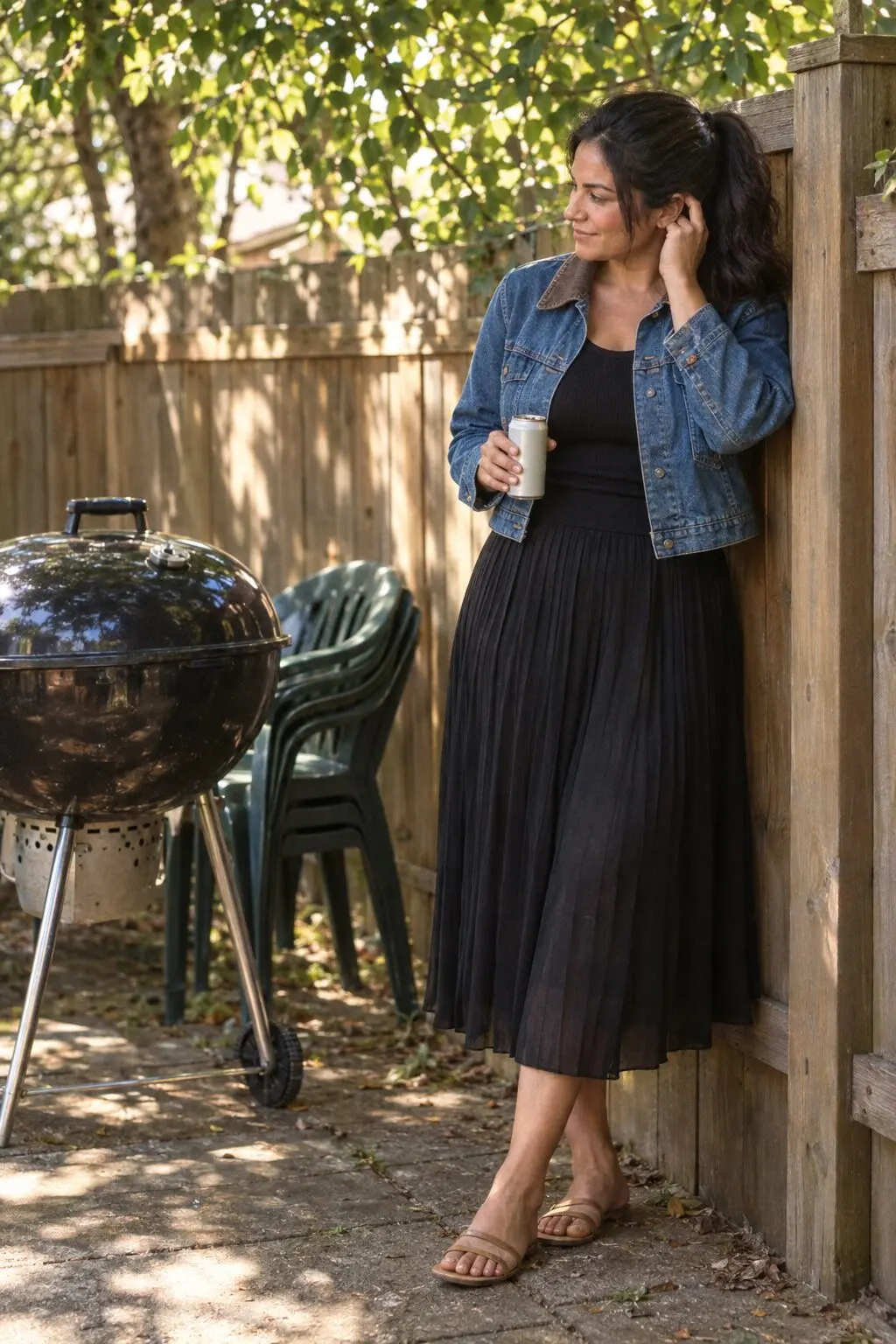 easy mom outfit for a backyard barbecue: black pleated chiffon midi skirt with denim jacket