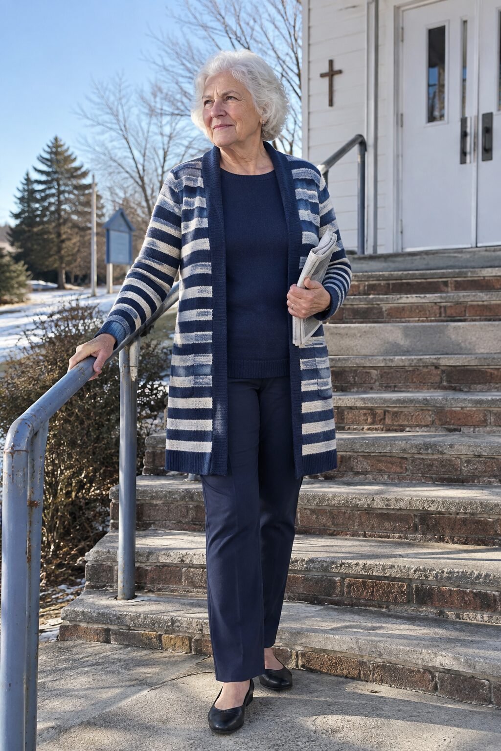 cool-weather church outfit for women in their 70s: ivory and navy striped longline coatigan over navy ponte straight-leg pants