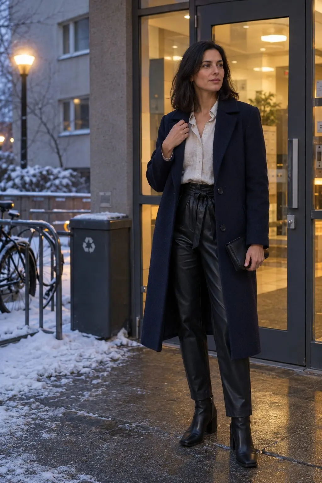 how to style a linen shirt tucked into black faux-leather paperbag pants under a navy wool coat with black ankle boots