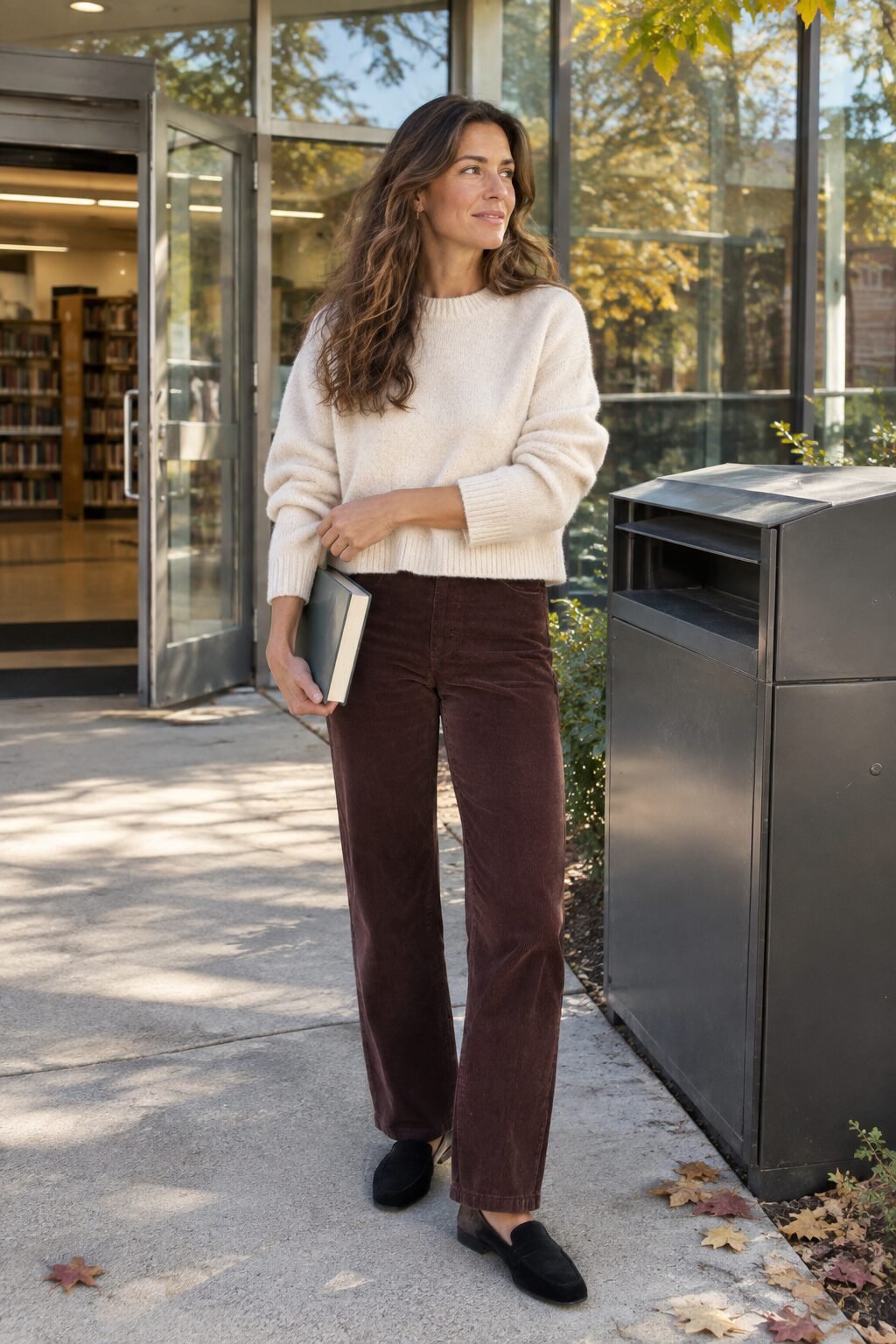 burgundy corduroy halloween teacher outfit: burgundy corduroy trousers with a cream cashmere sweater and suede loafers