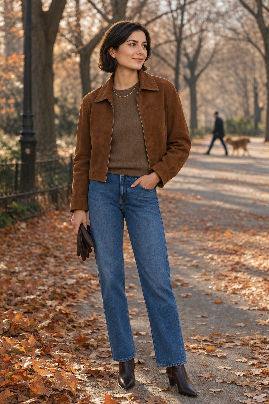 old money weekend outfit: elk brown cashmere crewneck, mid blue straight jeans and a cinnamon suede crop jacket with a simple gold chain
