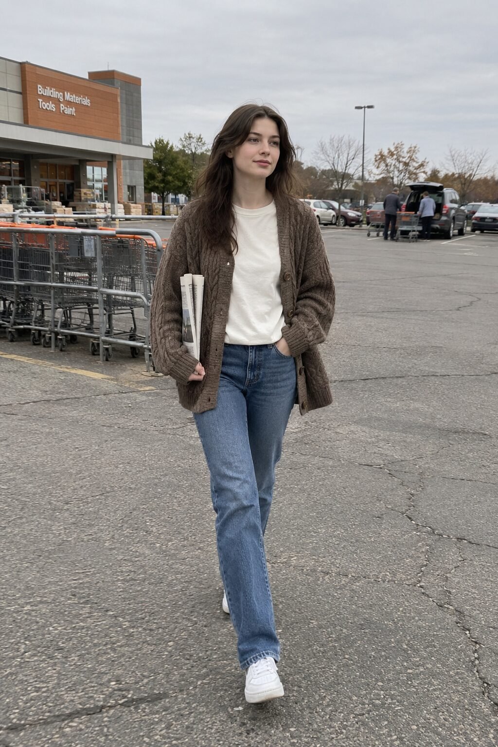heather brown cable knit cardigan over blue straight jeans, an affordable fall halloween weekend outfit