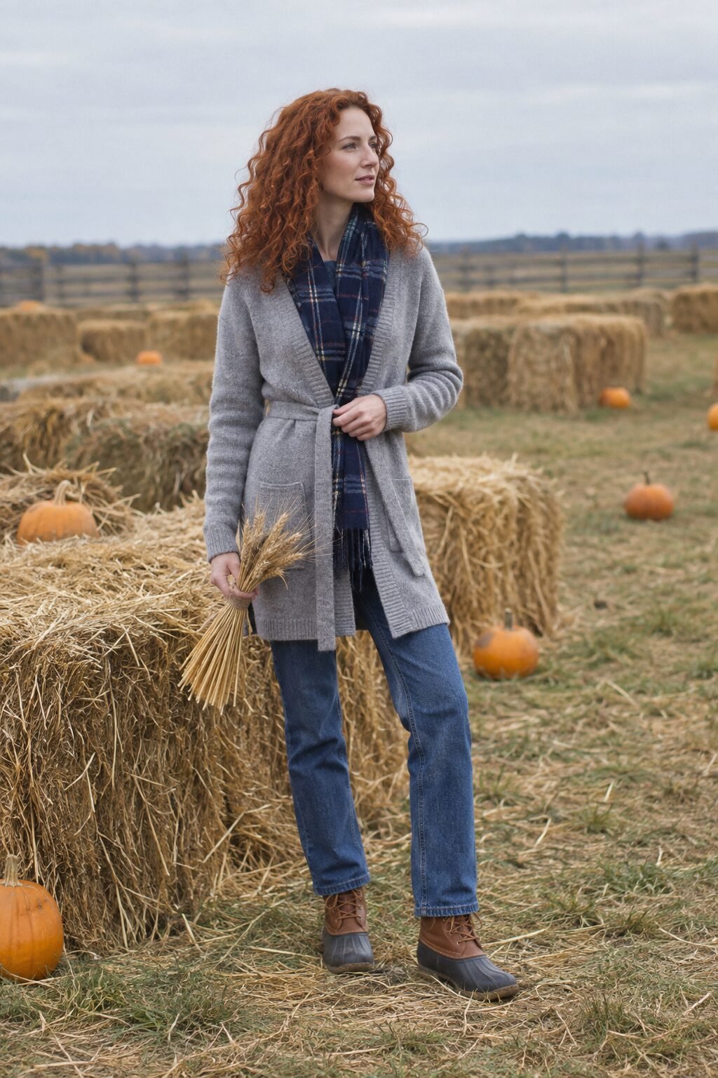 old money countryside fall outfit: heather grey cashmere cardigan belted over straight-leg jeans at a harvest festival