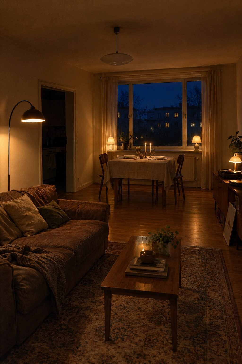 romantic table setting for two in a softly lamp-lit dining room at dusk