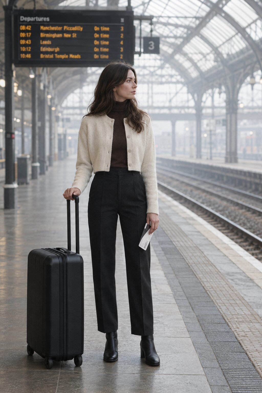 cashmere outfit for winter: cropped ivory cashmere cardigan over a rich brown turtleneck with black tailored trousers