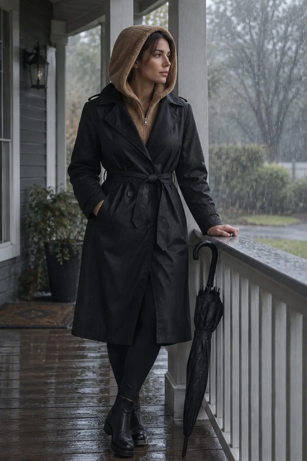 elegant loungewear outfit: camel sherpa jacket and black leggings under a belted black trench coat