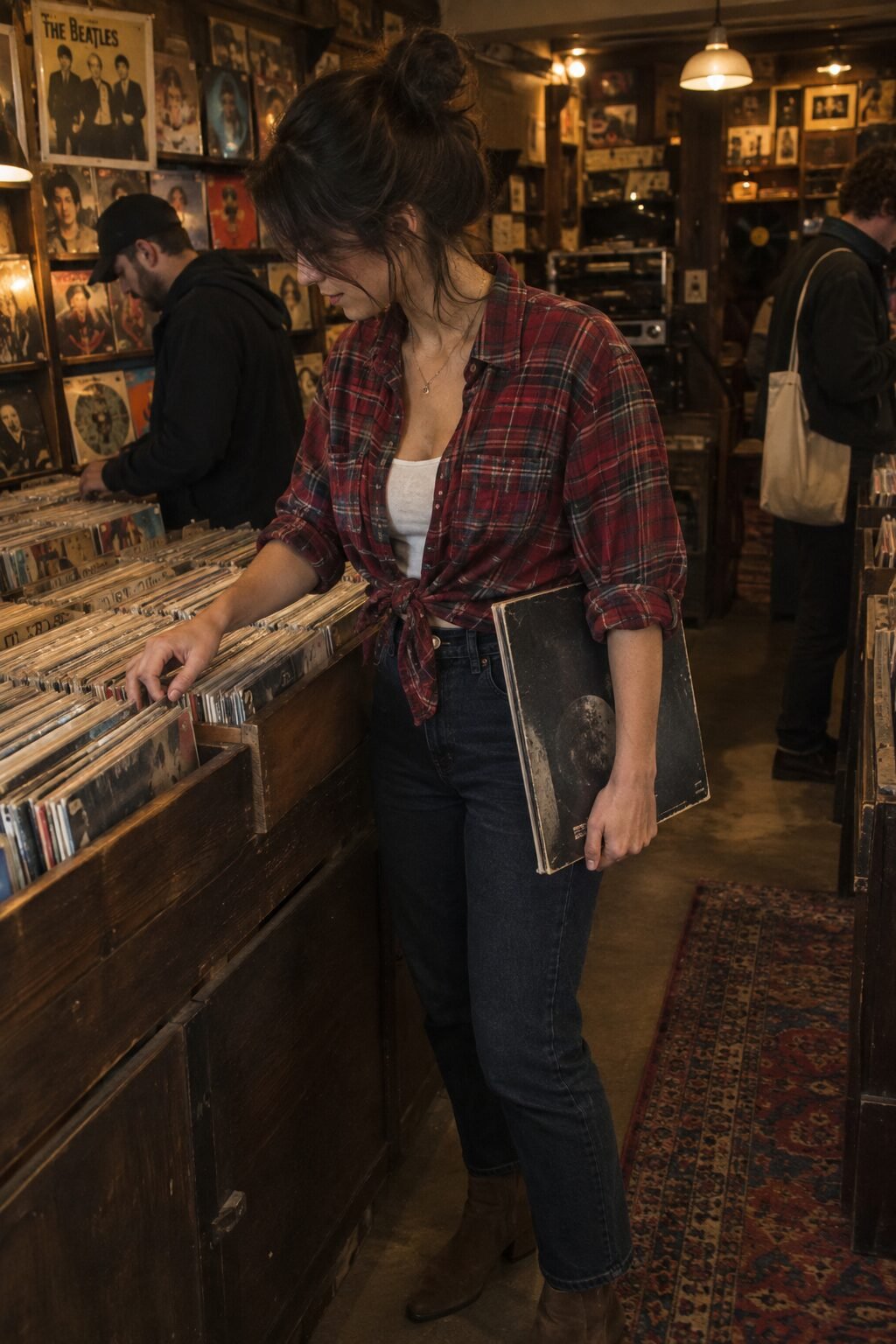 classy fall outfit: boxy red check flannel shirt with dark jeans and chocolate brown suede Chelsea boots