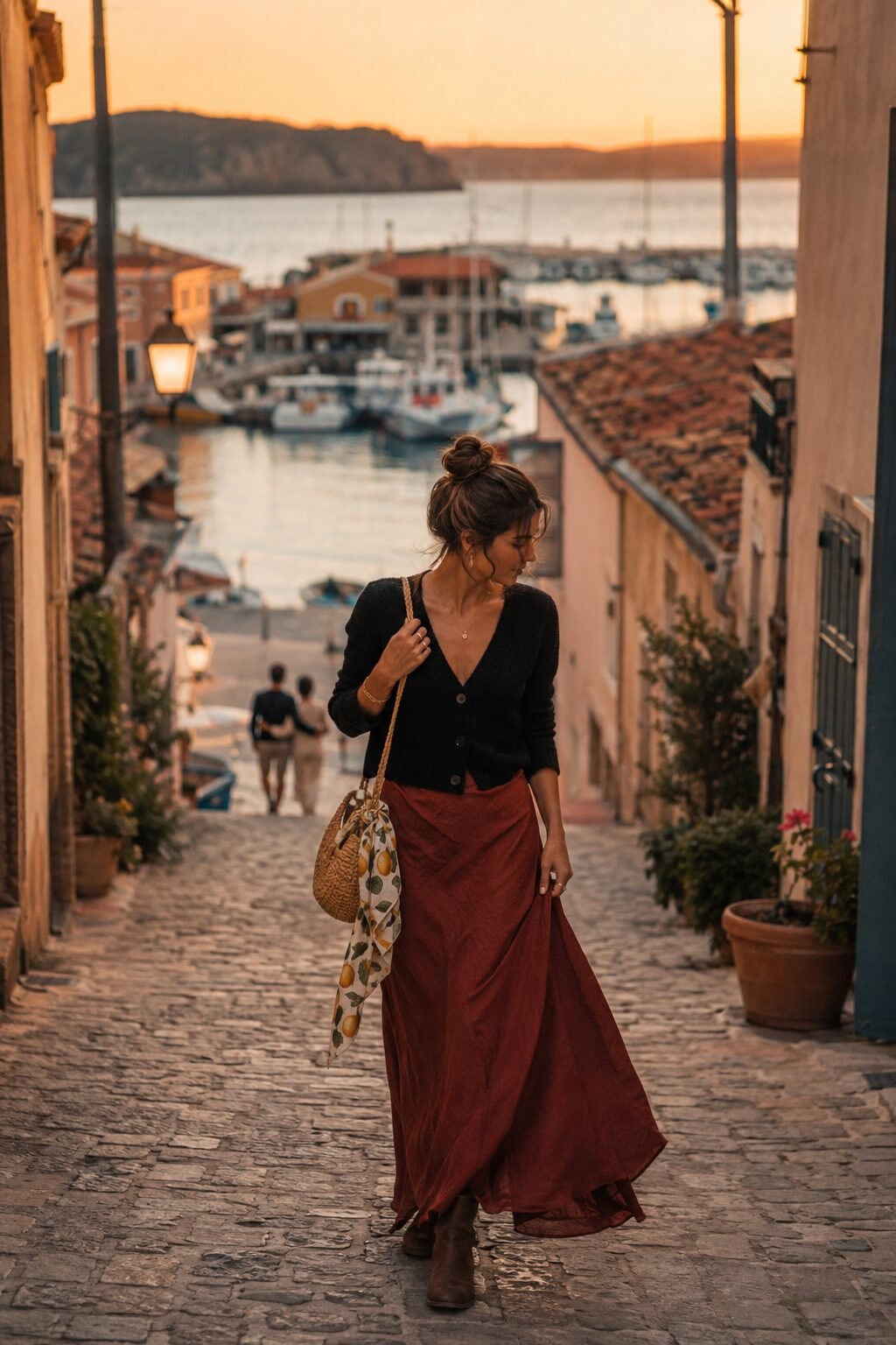 how to style a cardigan with a maxi skirt: cropped black cardigan over a rust maxi skirt for travel into dinner