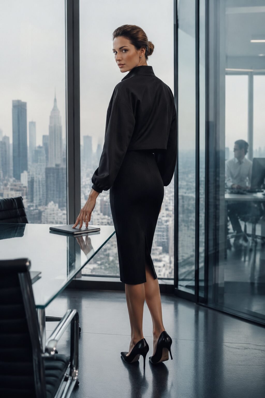 formal all-black wrinkle-free business outfit: ponte knit sheath dress with cropped technical jacket