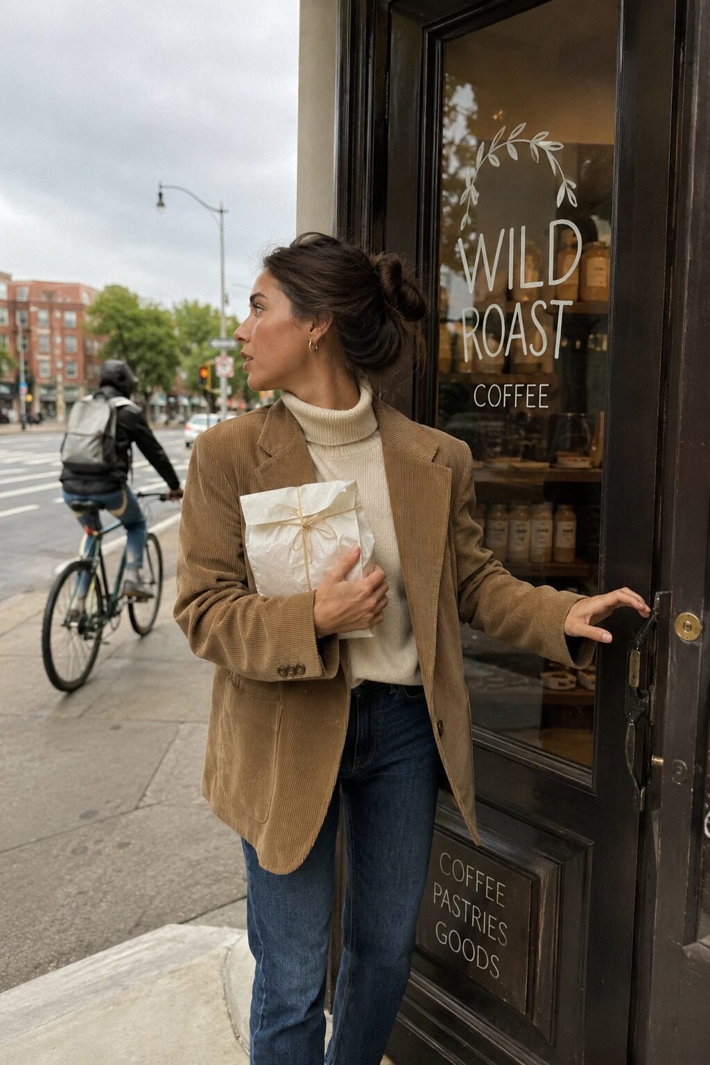 camel and cream weekend outfit: camel corduroy blazer with a cream turtleneck and straight-leg denim