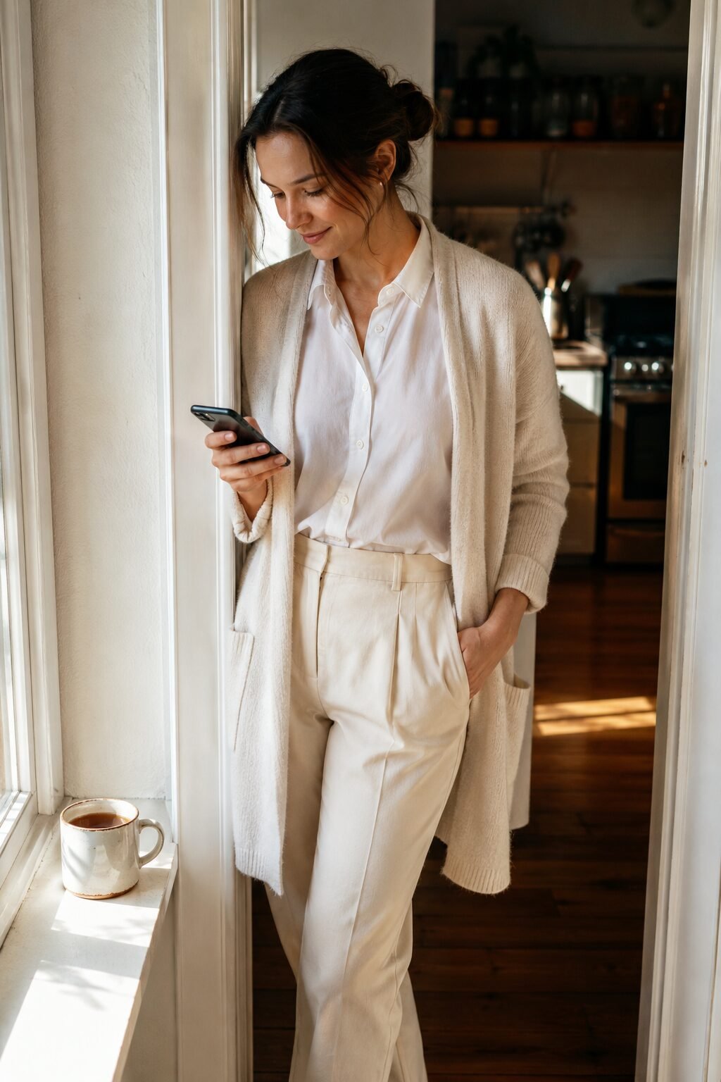 woman wearing a white button-down shirt under an open longline cream cardigan for a cozy fall outfit