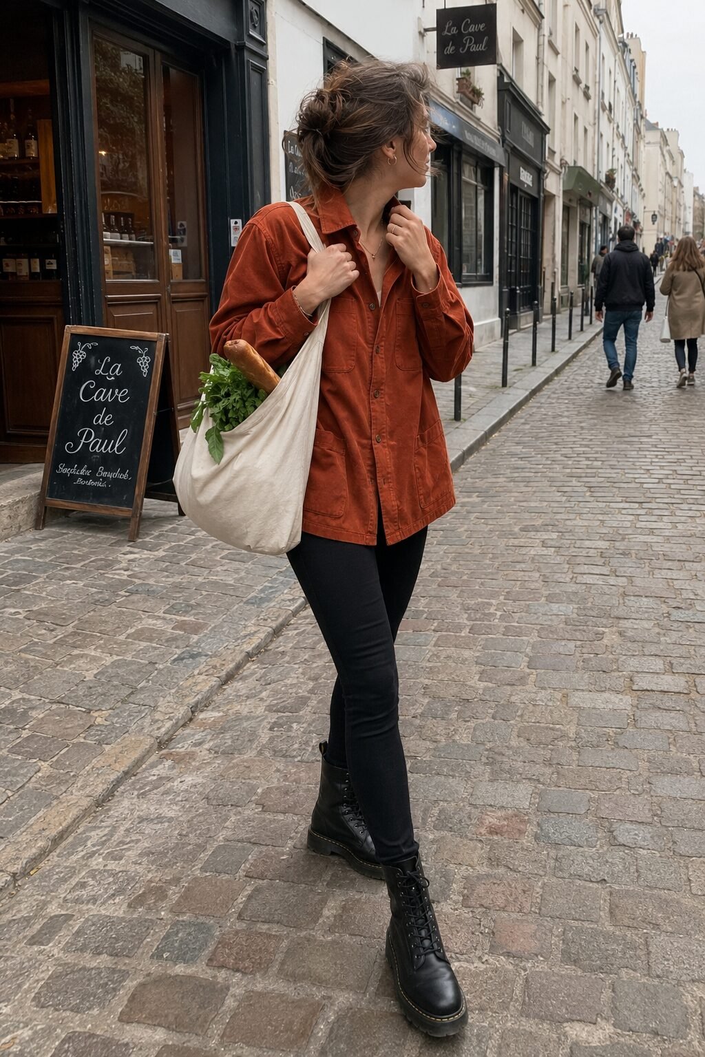 elegant fall errand outfit: rust shirt jacket, black leggings, and combat boots