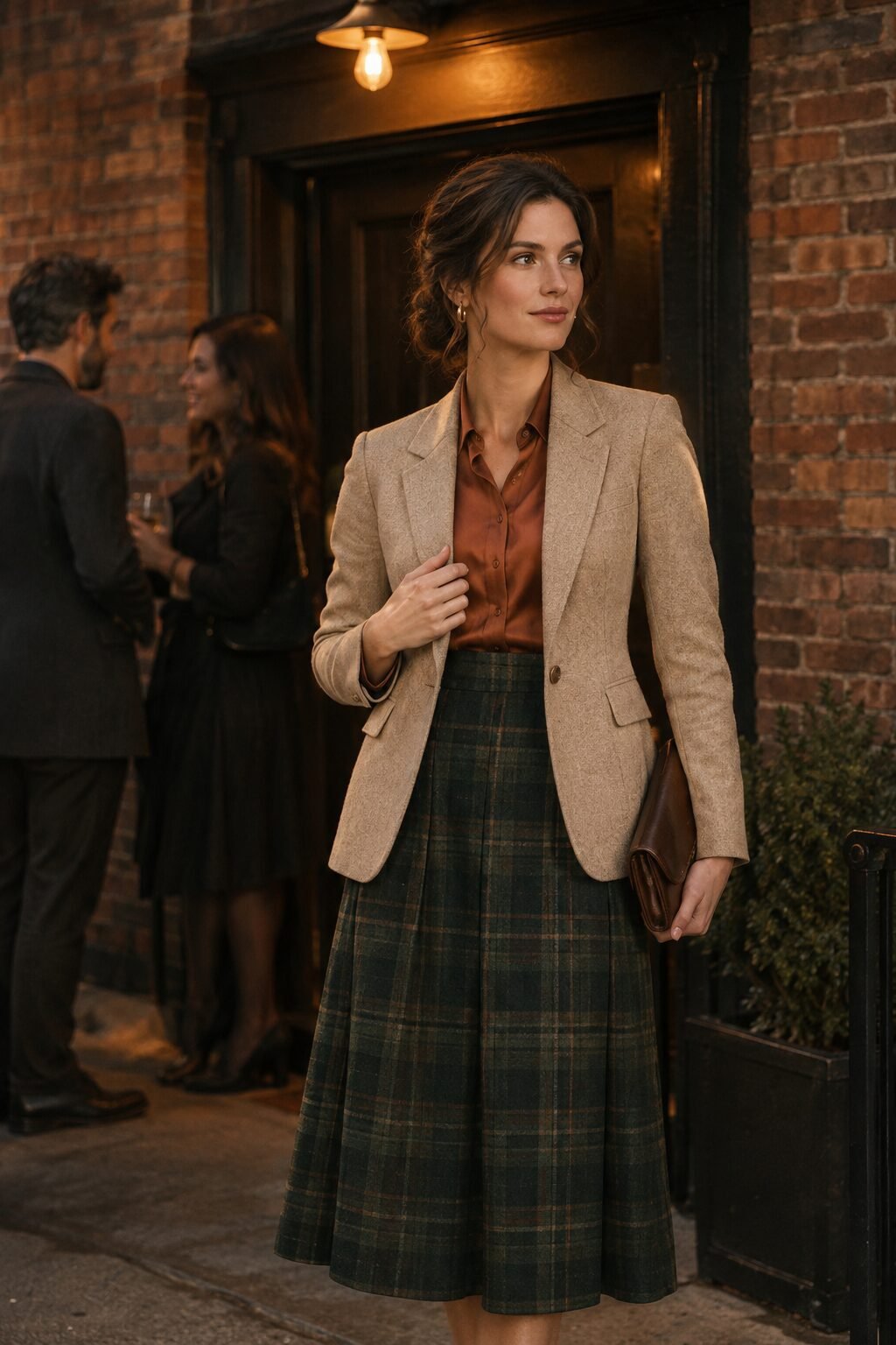 whiskey bar date outfit: forest green plaid wool skirt, camel blazer, and burnt sugar silk blouse
