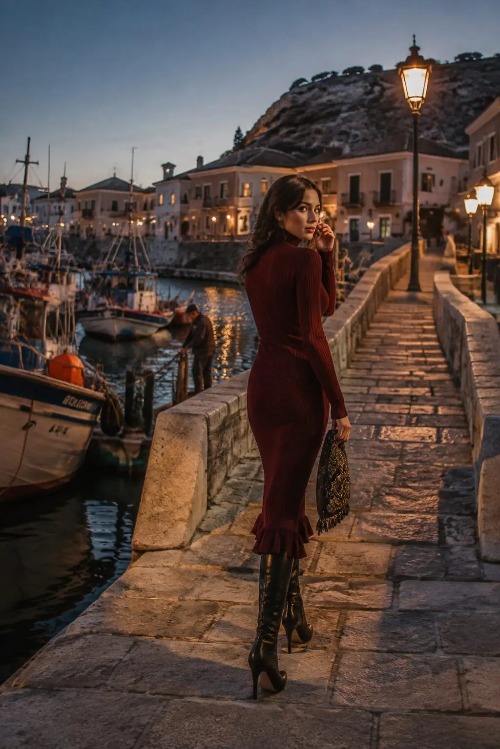 affordable Halloween outfit that looks expensive: deep red oxblood sweater dress with knee-high boots