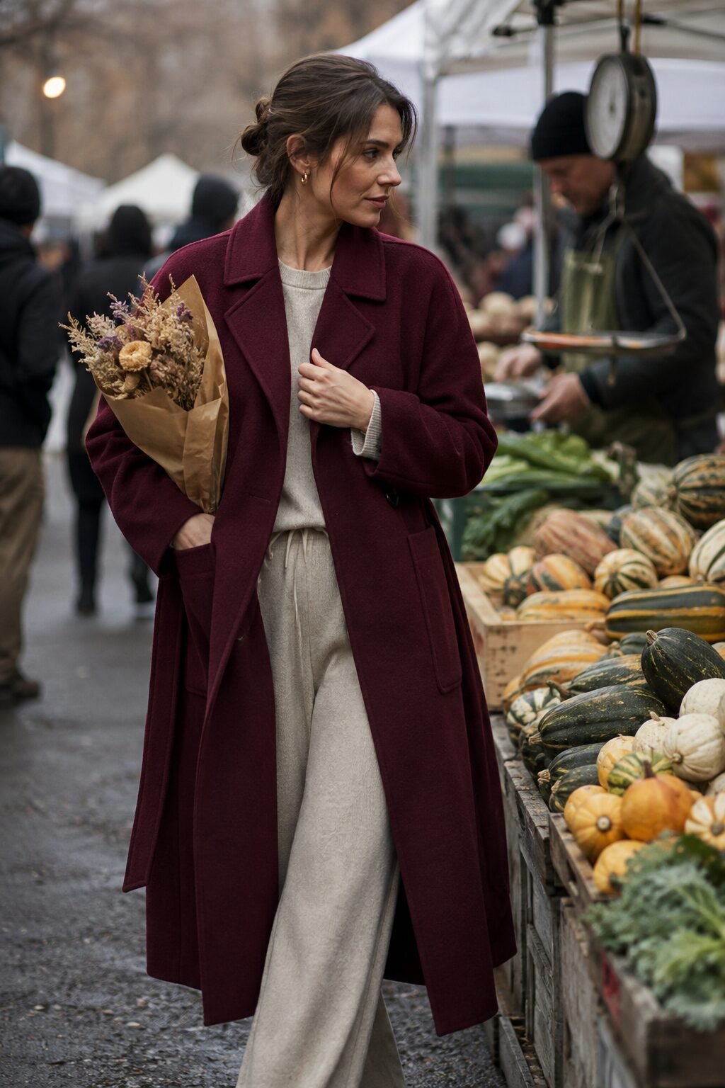 burgundy statement coat fall outfit, midi coat worn open over an oatmeal knit set
