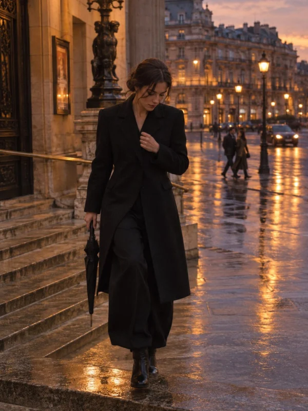 Old money outfit: tailored black wool coat + barrel-leg trousers