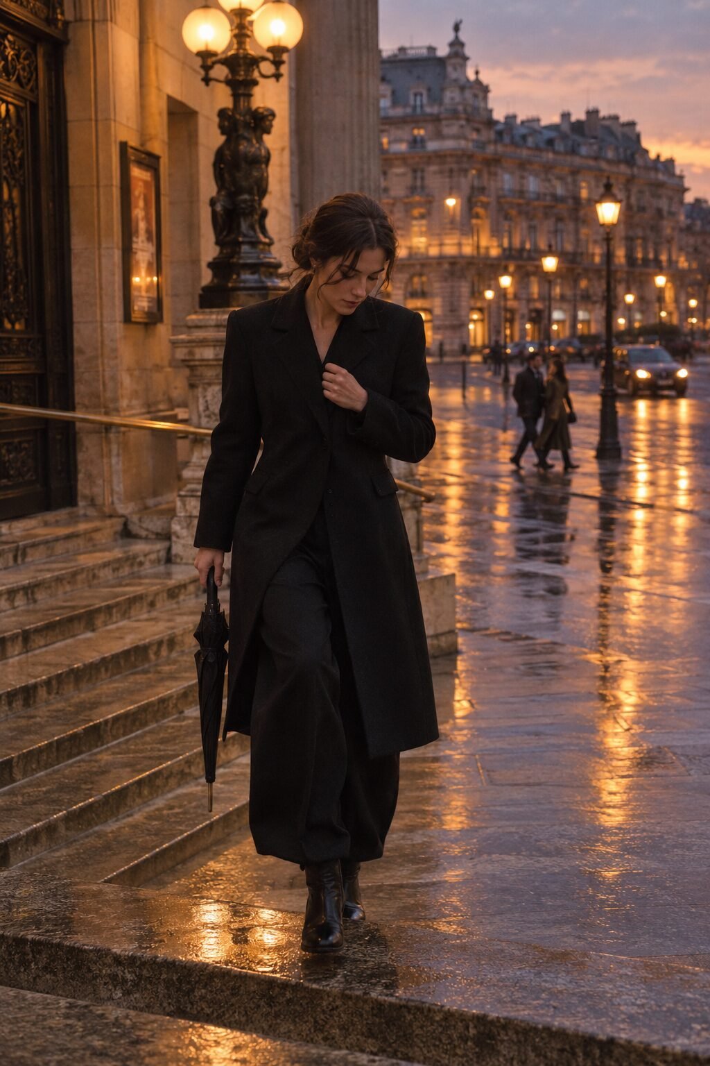 evening rainy day outfit: tailored black wool coat and black barrel-leg trousers