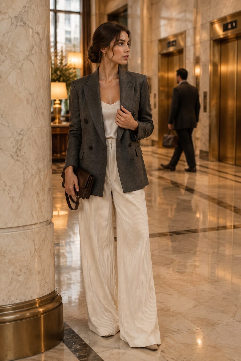 carolyn bessette style evening outfit: ivory silk camisole under a grey double-breasted blazer with cream wide-leg trousers