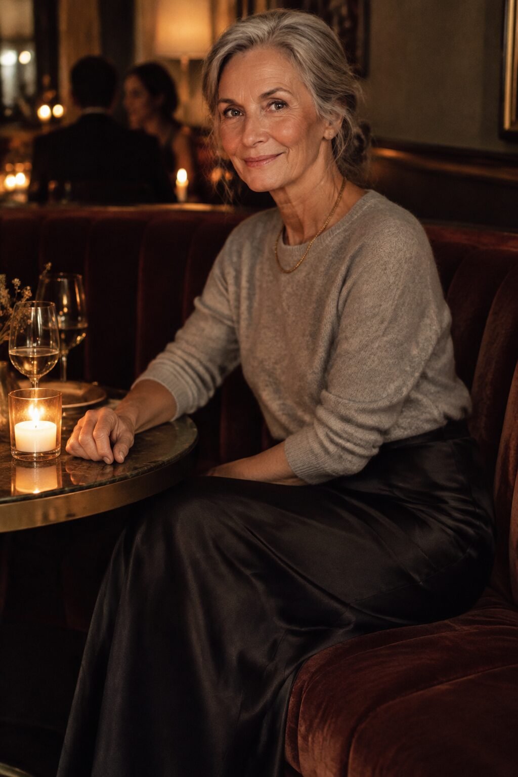ageless style outfit: heather ash cashmere sweater tucked into a black silk column skirt