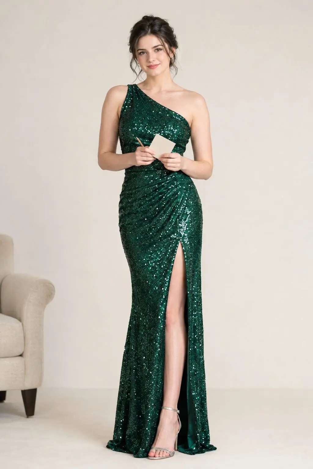 old hollywood prom dress: emerald sequin one-shoulder column gown with slit
