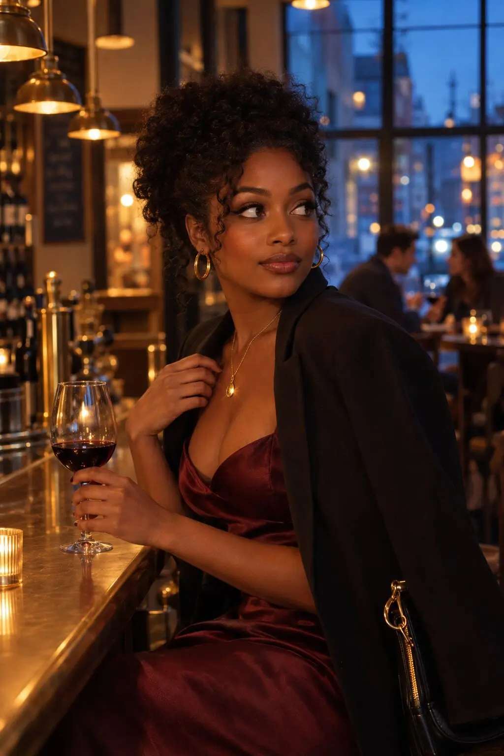 a woman in a bordeaux silk slip dress and black blazer at a bar, wearing gold jewelry and gold bag hardware all in one matching metal tone