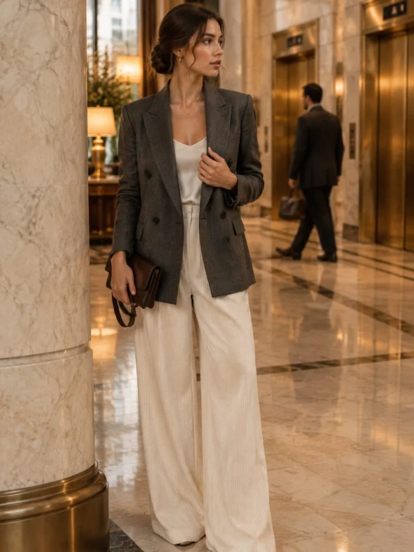 Carolyn Bessette style: silk camisole + double-breasted blazer + cream trousers