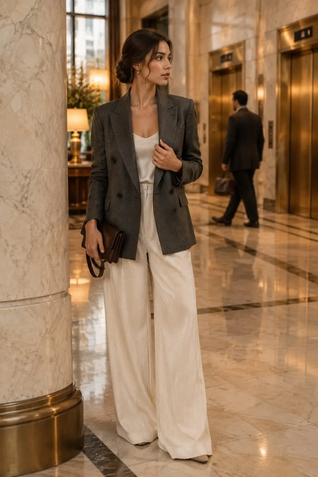 carolyn bessette style evening outfit: ivory silk camisole under a grey double-breasted blazer with cream wide-leg trousers