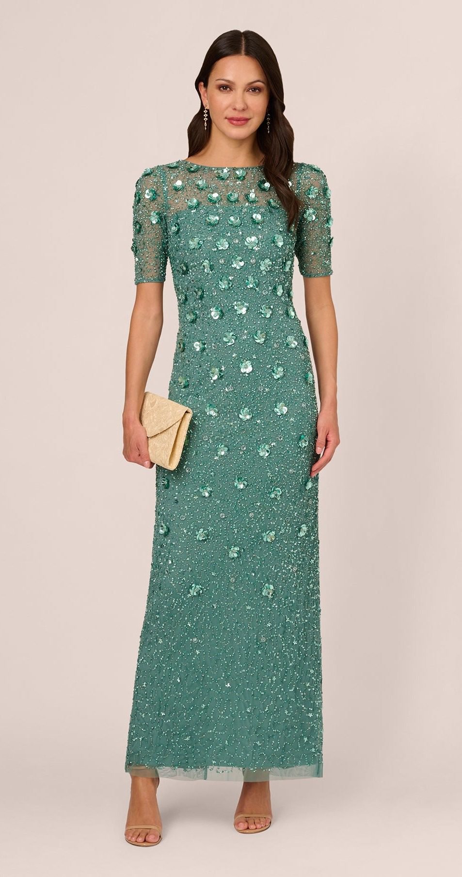 Long Hand Beaded 3D Floral Dress with Elbow Sleeves in Green Slate