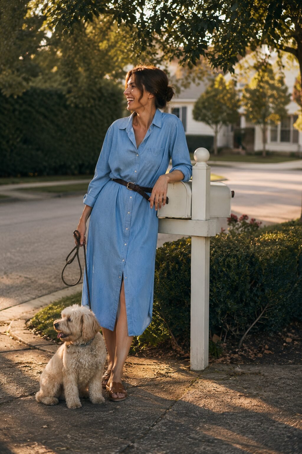 elegant outfits for running late: chambray blue longline button-down worn belted as a dress