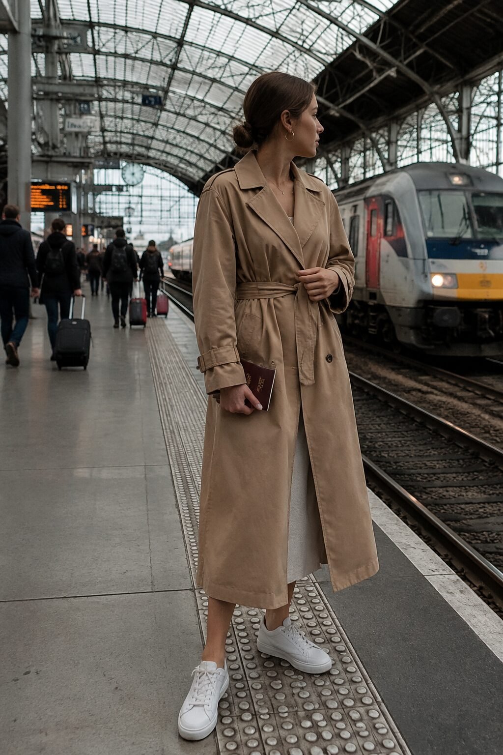 elegant white sneaker outfit with a belted camel trench coat for fall