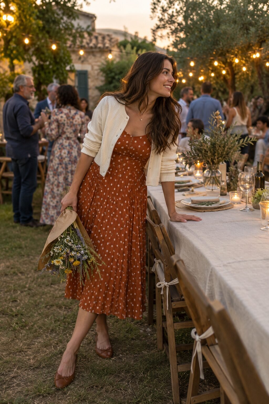 outfit for a big family reunion: terracotta printed jersey midi dress layered with an ivory cropped cardigan