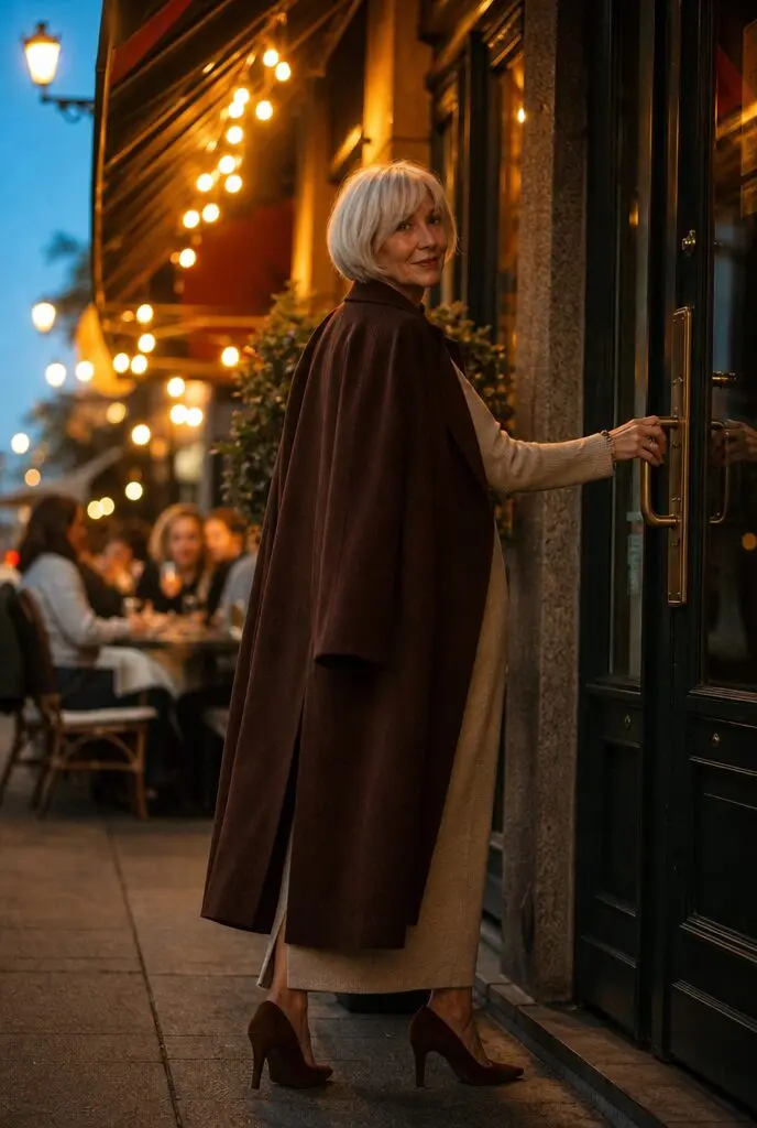 elegant fall dinner outfit for women in their 70s: cocoa wool coat over a knit sheath dress