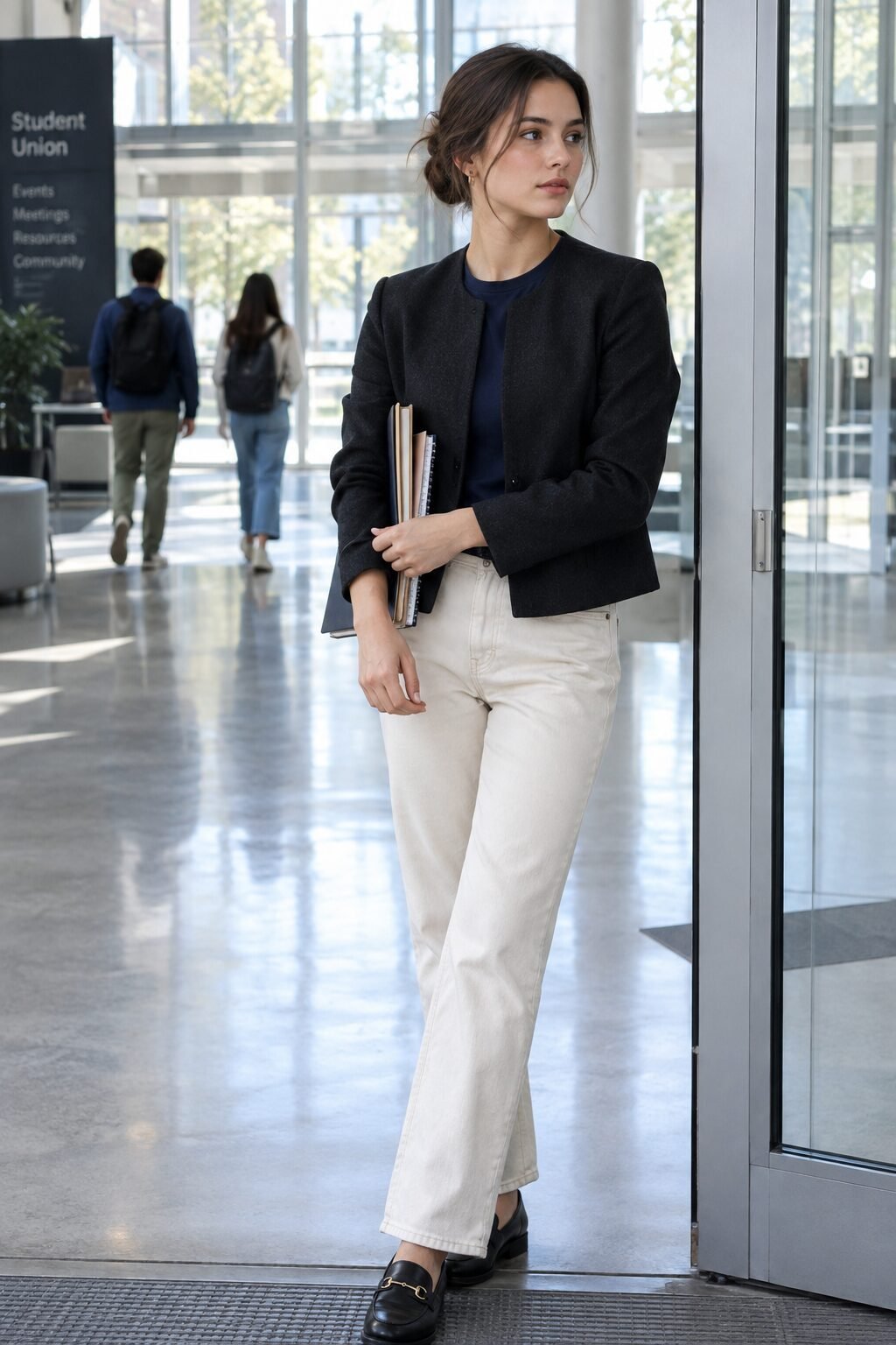 elevated casual fall college outfit: black cropped blazer over a navy tee with cream straight jeans