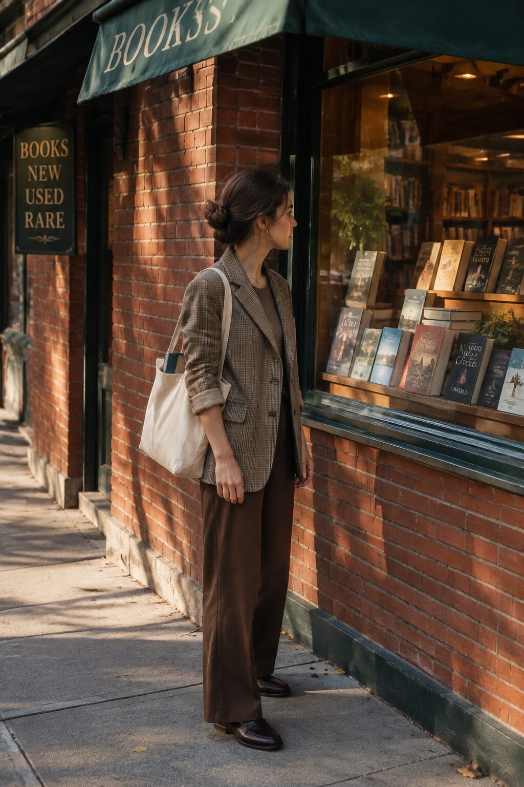 camel glen plaid wool blazer with ganache brown trousers, a smart casual winter outfit that looks expensive