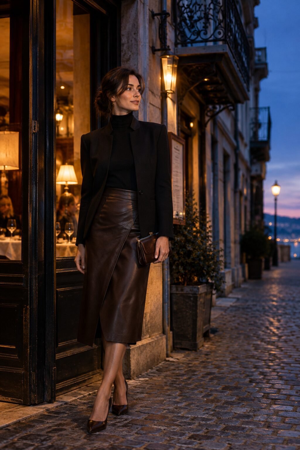 quiet luxury dinner outfit: black wool stand-collar blazer over cashmere turtleneck with chocolate faux leather skirt