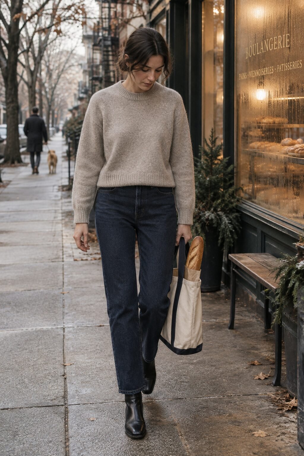 casual winter capsule outfit: oatmeal cashmere sweater, dark indigo jeans, and black ankle boots