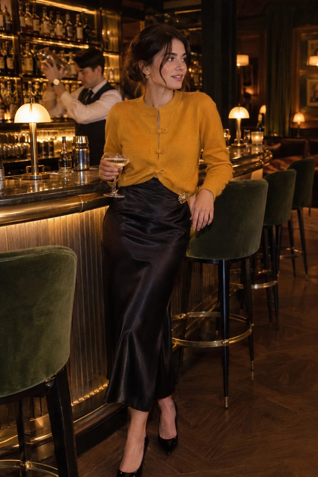 marigold cashmere cardigan tucked into a black bias-cut satin skirt holiday cocktail hour outfit with a brooch at the waistband