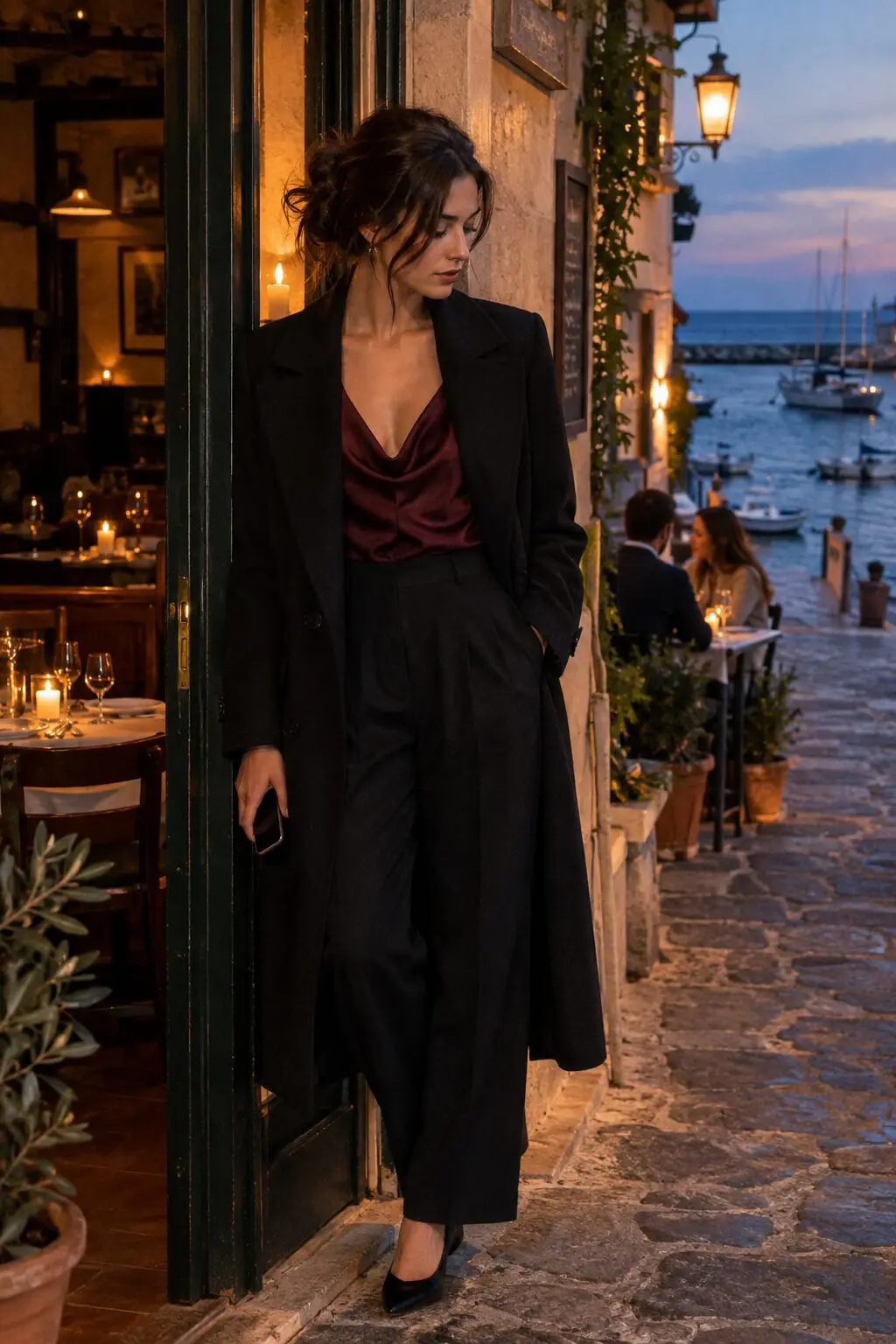 old money winter jacket outfit: tailored black wool cashmere coat over a cherrywood silk blouse and black pleated trouser