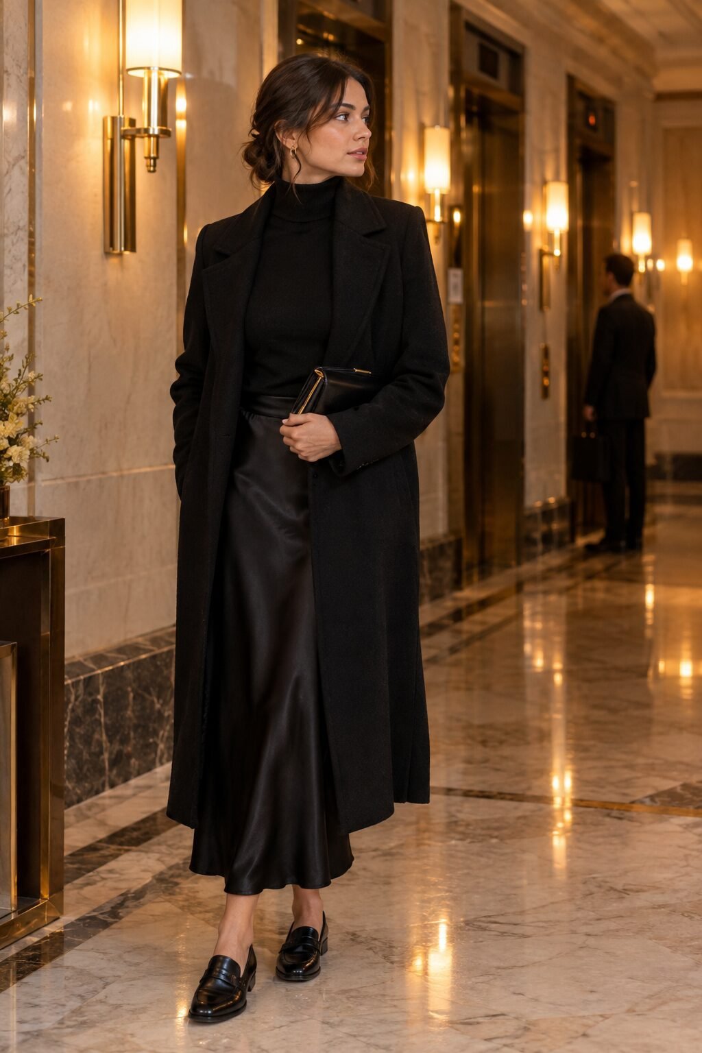 black turtleneck outfit for women with silk slip skirt, loafers, and wool coat for an evening out