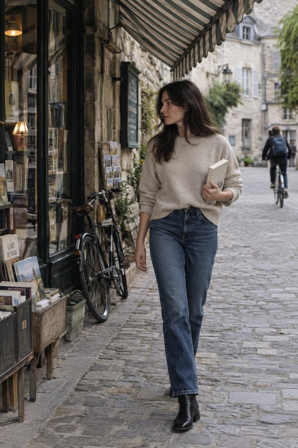 how to style a cashmere sweater with denim: oatmeal cashmere crewneck half-tucked into dark indigo straight-leg jeans with black ankle boots