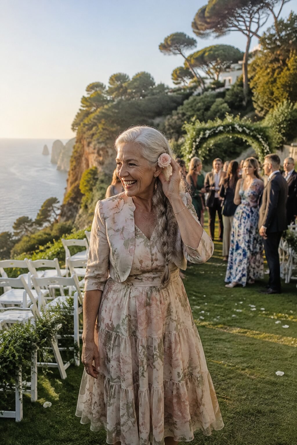 blush and sage watercolor floral chiffon midi dress with cropped bolero, summer wedding guest outfit for women in their 70s