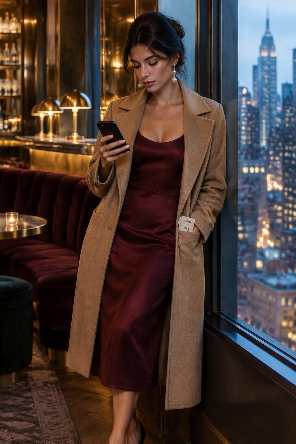 black-tie-optional fall wedding guest outfit: wine red silk dress with camel statement coat