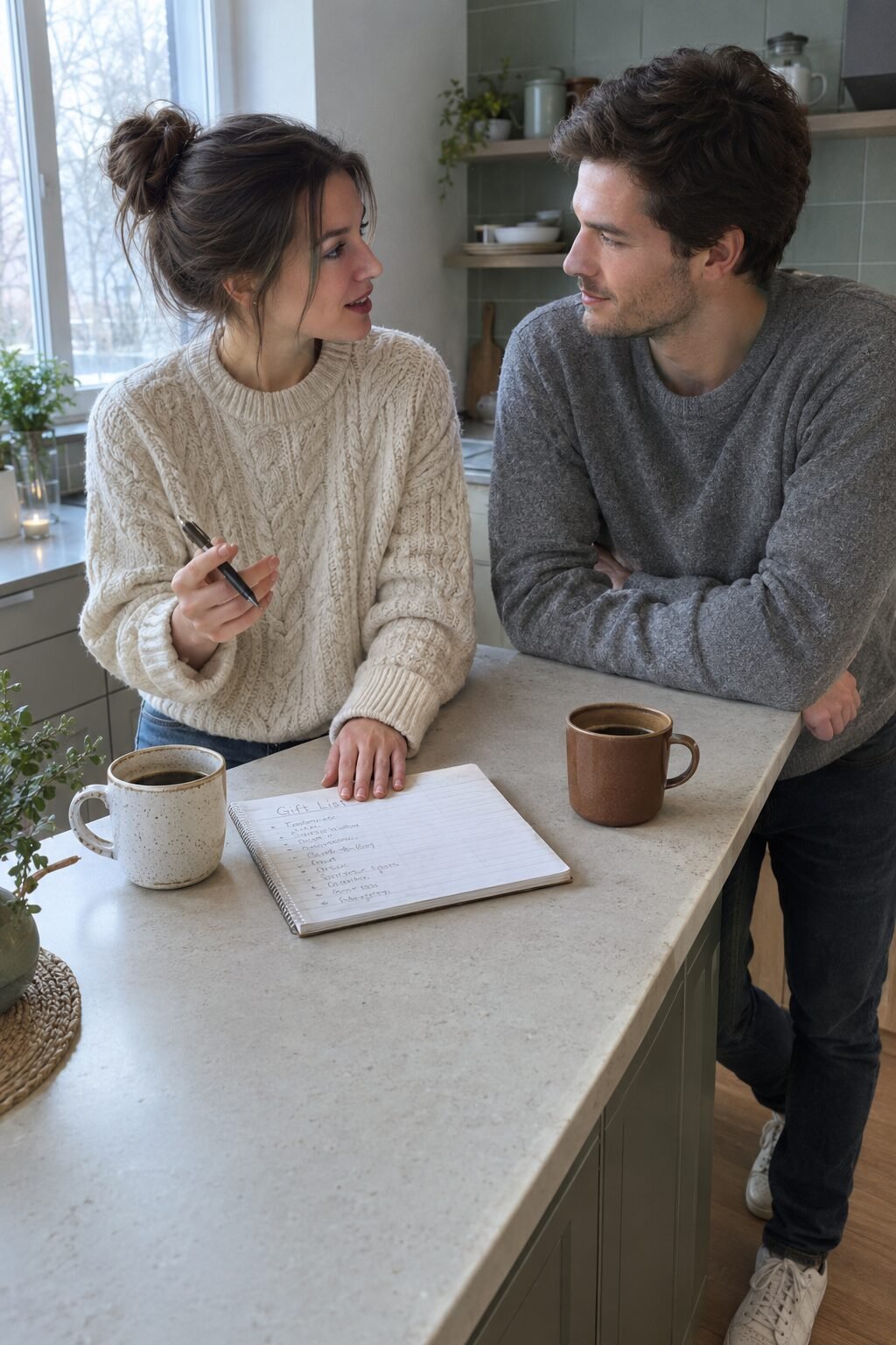 couple discussing their shared Christmas gift list together at home