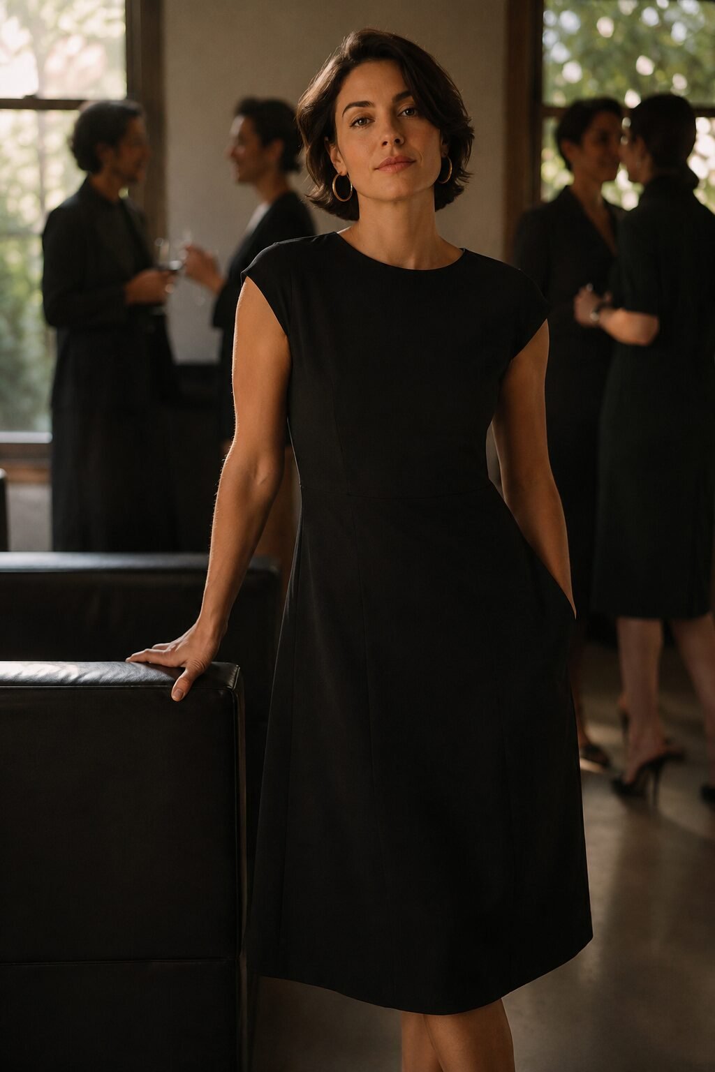 black cap-sleeve shift dress outfit with gold hoop earrings for a cocktail party