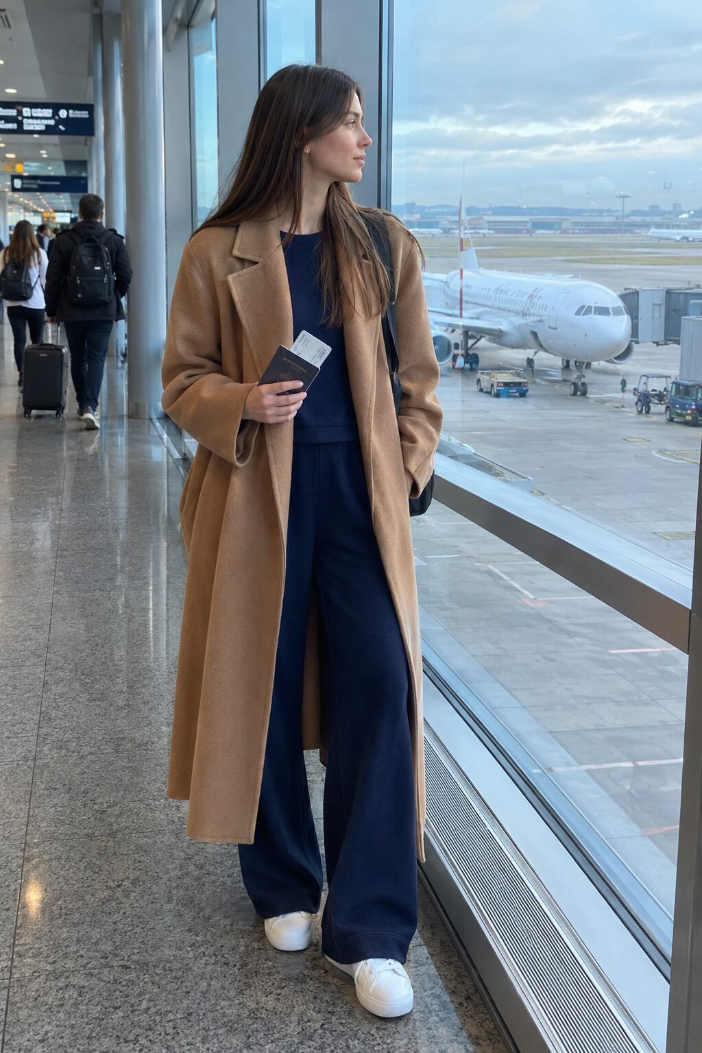 woman wearing a camel wool coat over navy joggers and white sneakers at the airport for a travel day